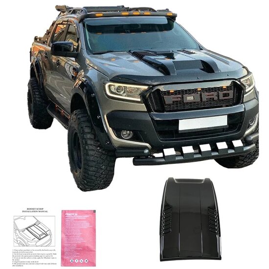 Oneway Motorkapluchtinlaat (Scoop) passend voor Ford Ranger T7/T8 2015-2022 - Glanzend zwart